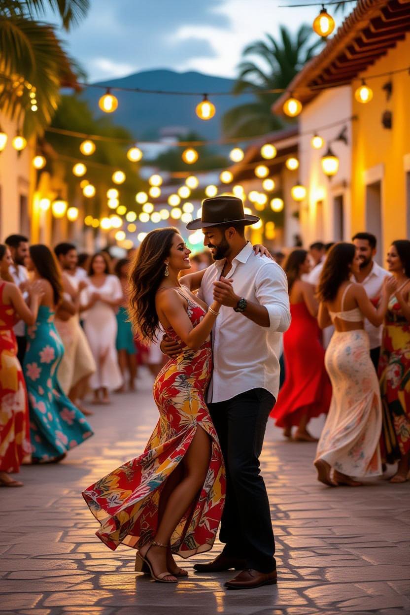 Couple dansant la bachata sur une plage au coucher du soleil